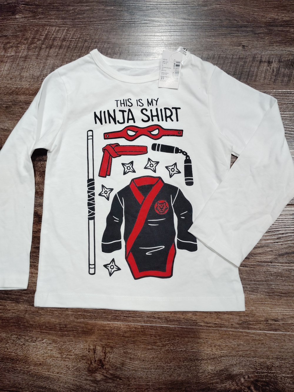 Kids Long Sleeve 'This Is My Ninja Shirt' Graphic Tee - White/Black/Red